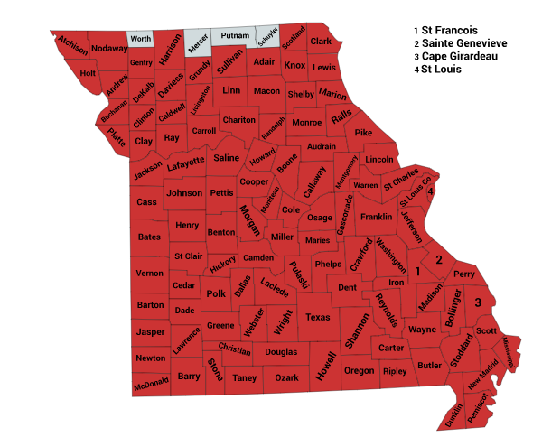 Map of Eastern Copperheads Range in Missouri