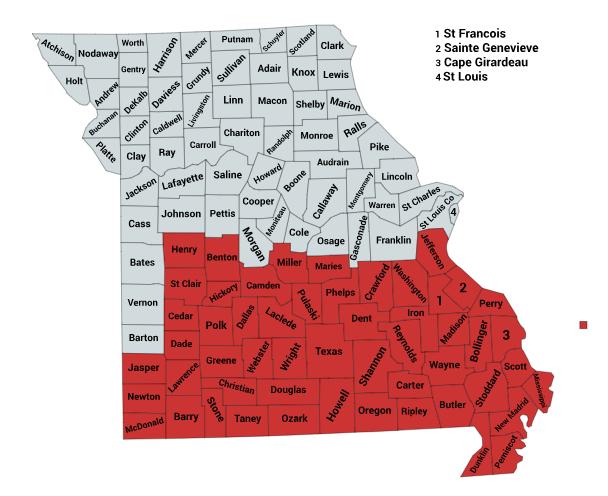 Map of the Northern Cottonmouths Range in Missouri