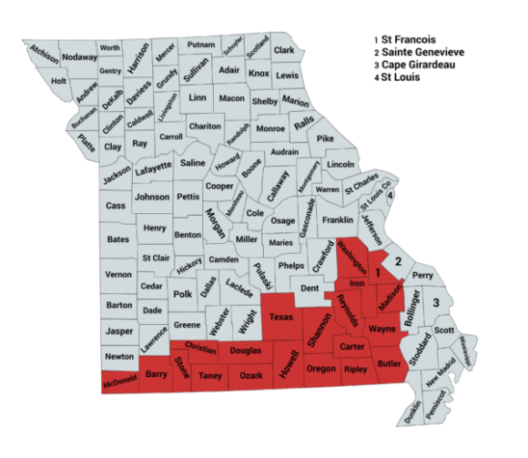 Map of the Western Pygmy Rattlesnake Range in Missouri.