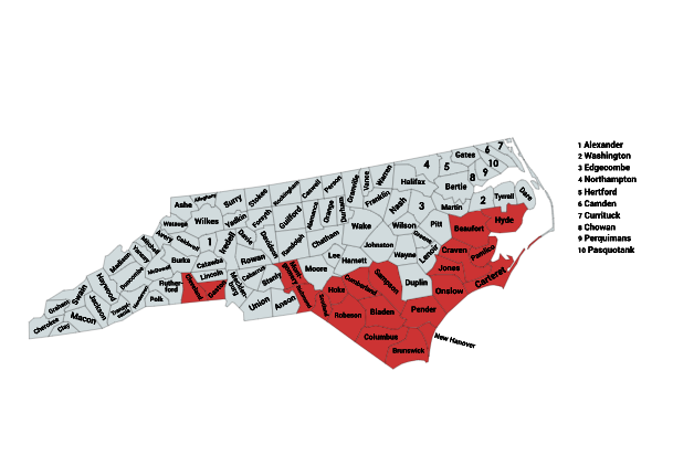 Map of the Carolina Pygmy Rattlesnake Range in North Carolina