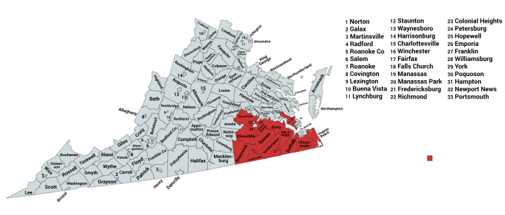 Map of the Cottonmouths Range in Virginia