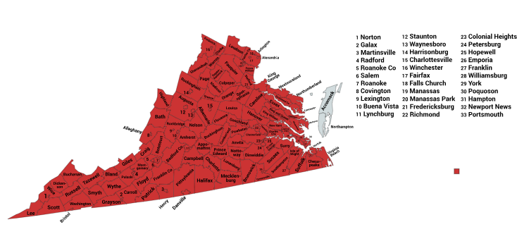 Map of the Northern Copperhead Range in Virginia