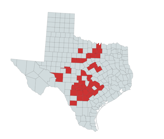 Map of  the Broad banded Copperhead Range in Texas