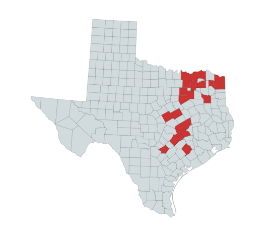 Map of the Eastern Copperhead Range in Texas